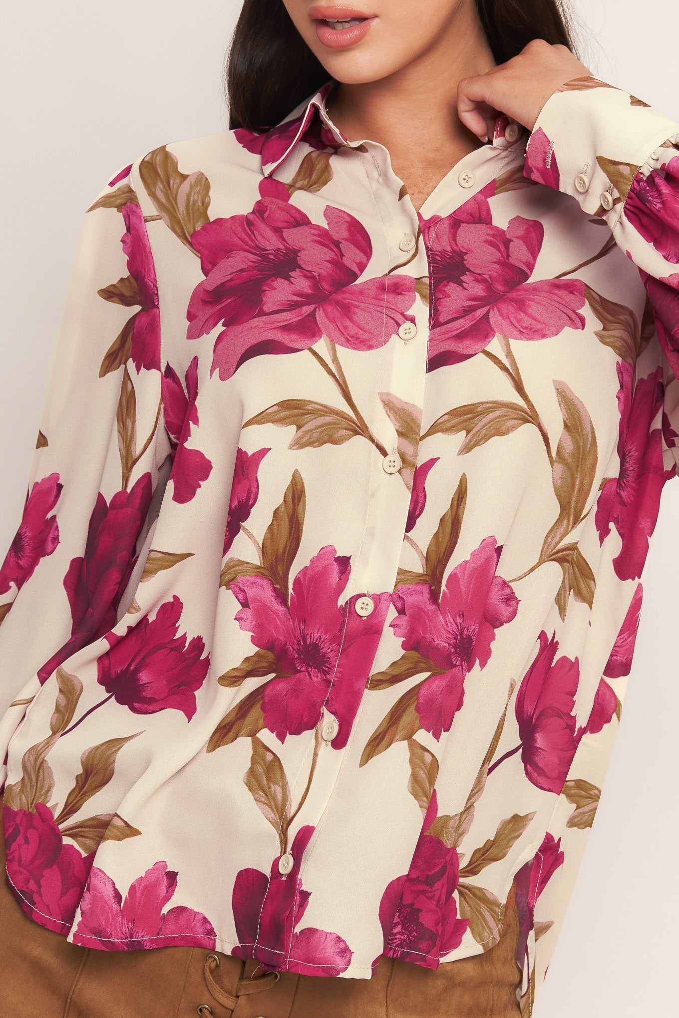 Rosewood Retro Woven Top Front Button Down Long Sleeve Flying Tomato